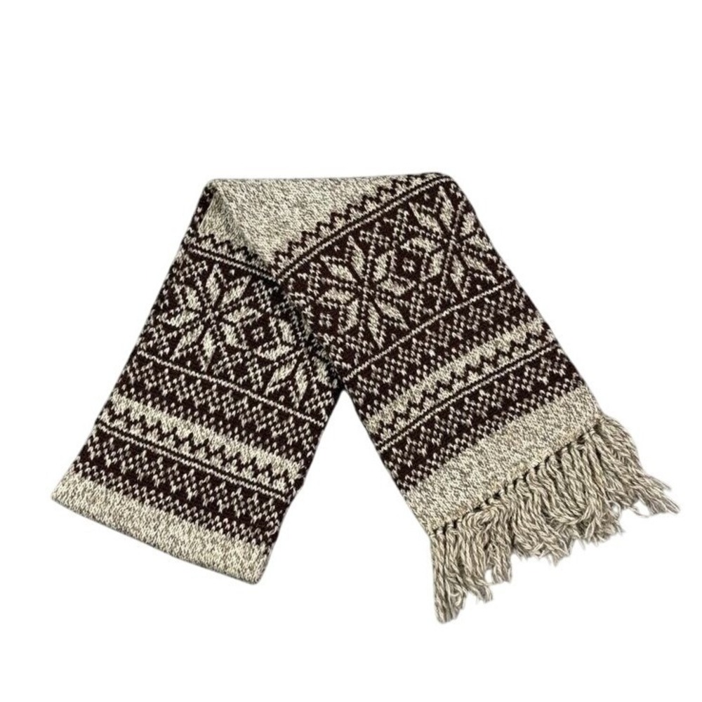 Fair Isle Snowflake Knit Scarf Brown‎ Cream Fringed Winter Muffler Rectangular